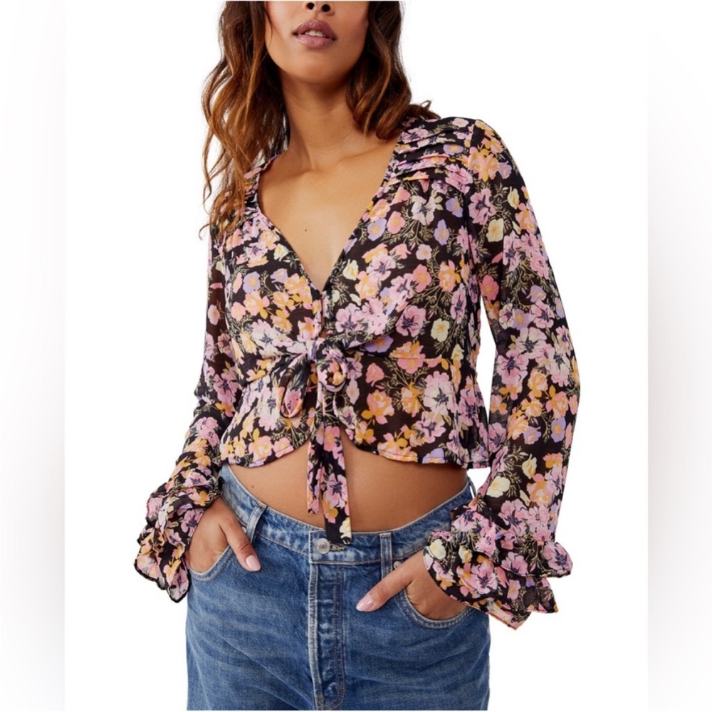 NWT Free People Maybel Blouse crop Floral Sheer Tie front bell sleeves